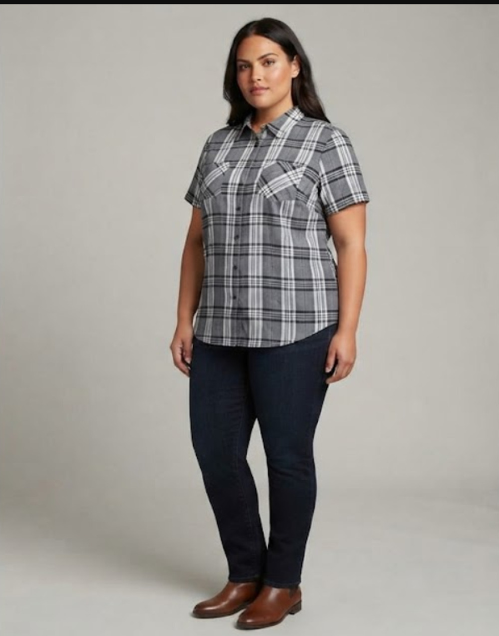 CJ Christopher & Banks 2X Black White Plaid Shirt Short Sleeve Button Up NWOT
